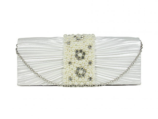 Evening Bag - Satin w/ Pleated & Beaded Flap - White - BG-100274W